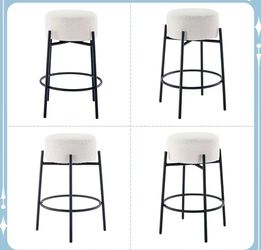 24" Modern Backless Bar Stool with Round Soft Padded Boucle Seat and Metal Mid-Century Base, Boucle White/Black, Set of 4