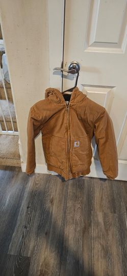 Carhartt Jacket Youth Boys M 10-12 Brown Canvas Chore Coat Quilt Lined with Hood