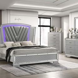New Bedroom Set! 4 Pc Queen Set! 1 LED Queen Bed, 1 Nightstand, 1 Dresser, 1 Mirror! FREE QUEEN MATTRESS! Finance Here! No Credit!