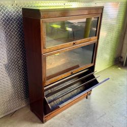 Vintage Rare Three Tier Barrister Bookcase w/Bottom Shelf File Divider by Lundstrom 