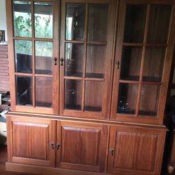 2 Solid Wood Bookshelves Beveled Glass Door Ornate Metal Handles
