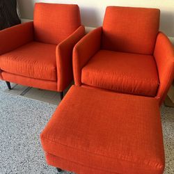 2-Modern Beautiful Crate and Barrel Parlour Chairs with Ottoman, used for Staging, Excellent Condition. OriginallyCost Over $2800 