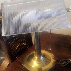 Vintage Solid Brass Bankers Desk Lamp w Clear Prismatic  Clear Glass Shade