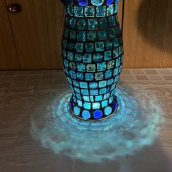 12” tall Blue Glass Mosaic, Hurricane Candle Vase