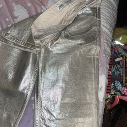 Zara High Rise Wide Leg Metallic Coated liquid effects