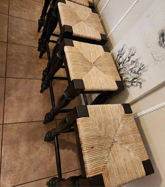 Pottery Barn Montego Wood Rush Seat Barstools SET OF 2