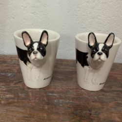 Blue Witch Black and White Boston Terrier 3D Ceramic Tea Coffee Mug Cup X2