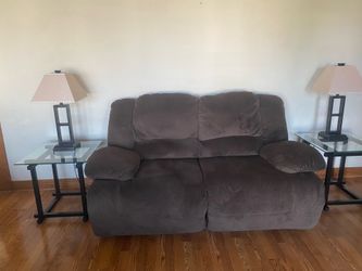 Sofa recliner, Loveseat recliner, Glass TV Stand 2 Glass end tables W/Lamps