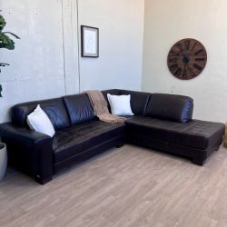 Fast Delivery Available — Dark Brown Genuine Leather Tufted 2pc L Sectional Couch with Chaise