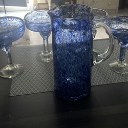 Blue Margarita 6 Glasses & 1 Pitcher Hand Blown