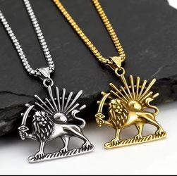 Iran Persia Golden Stainless Steel Shir Khorshid Lion & Sun Necklace