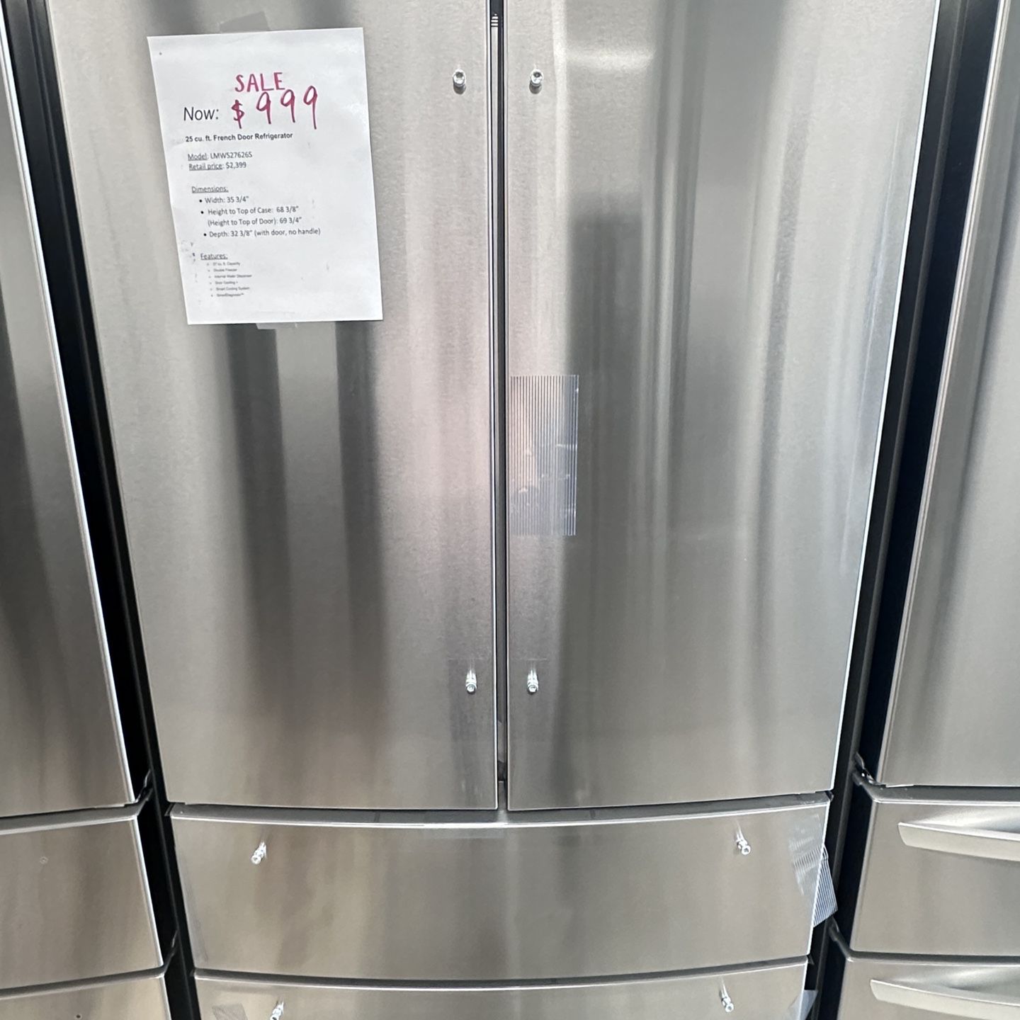 Unused LG 36” Wide Refrige Double Freezer With Internal Water And Ice Maker 