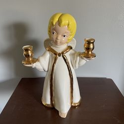 Vintage Ceramic Glazed Christmas Blond Angel Candle Holder 13”