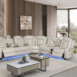 Beige Leather Sectional Sofa With Power Reclining Seats