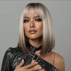 Human hair blend gray blonde to brown ombre Bob straight wig 