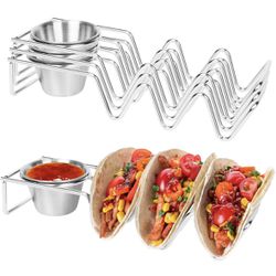 NEW Taco Holders with Salad Cup set of  4 Stainless Steel Taco Shell Holder Stand with sauce cups