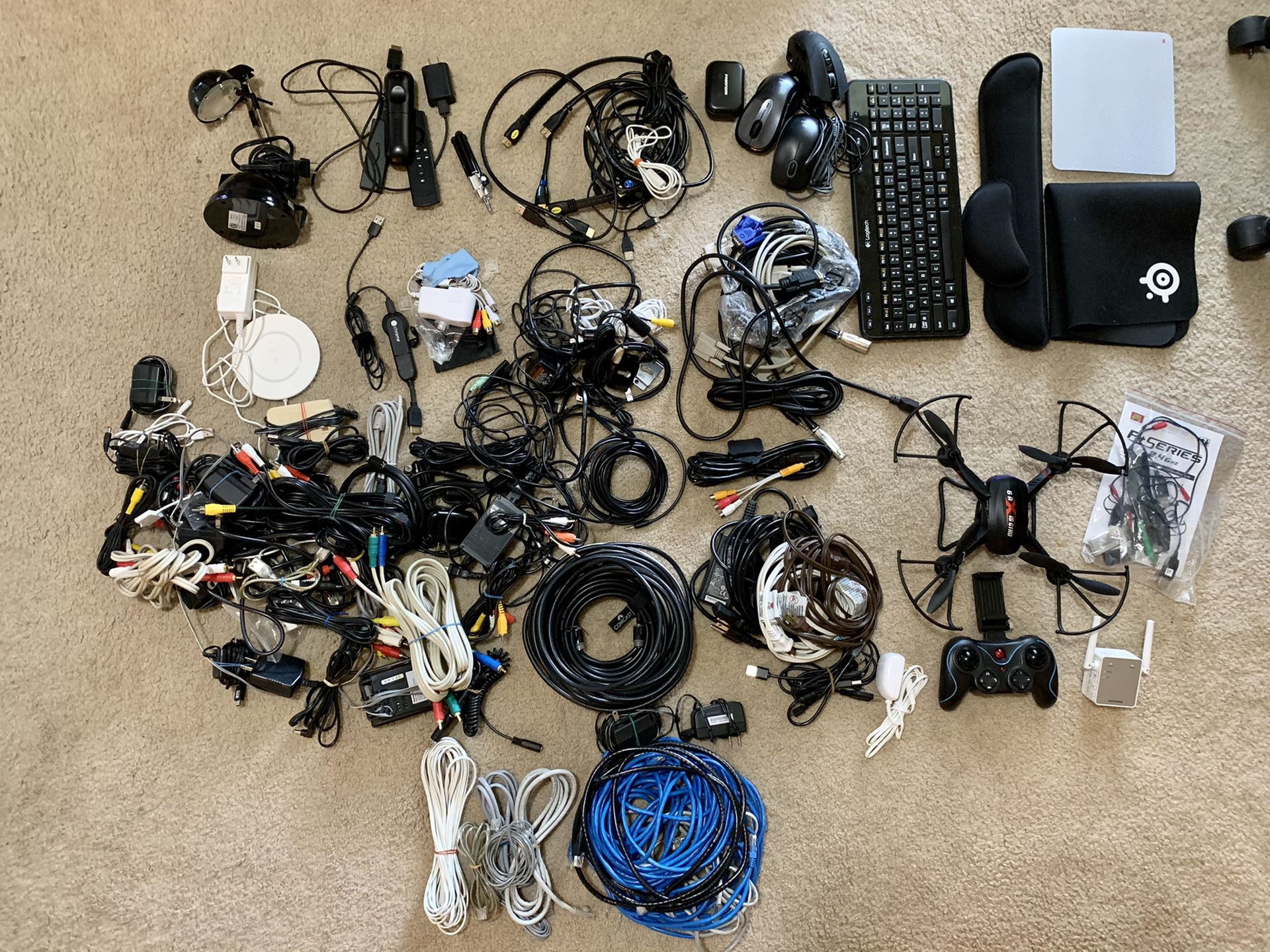 Random Technology Stuff: drone, Ethernet, Power Adapters, mouse, etc.