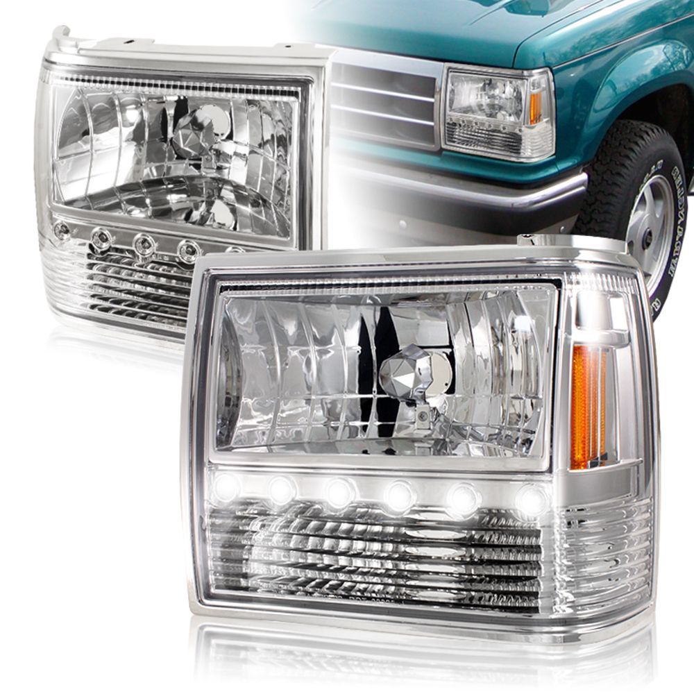 For 1989-1992 Ford Ranger Chrome Housing 1-Piece LED HeadLights+Bumper+Corner -(4-HL-FDEPL83LCY-2