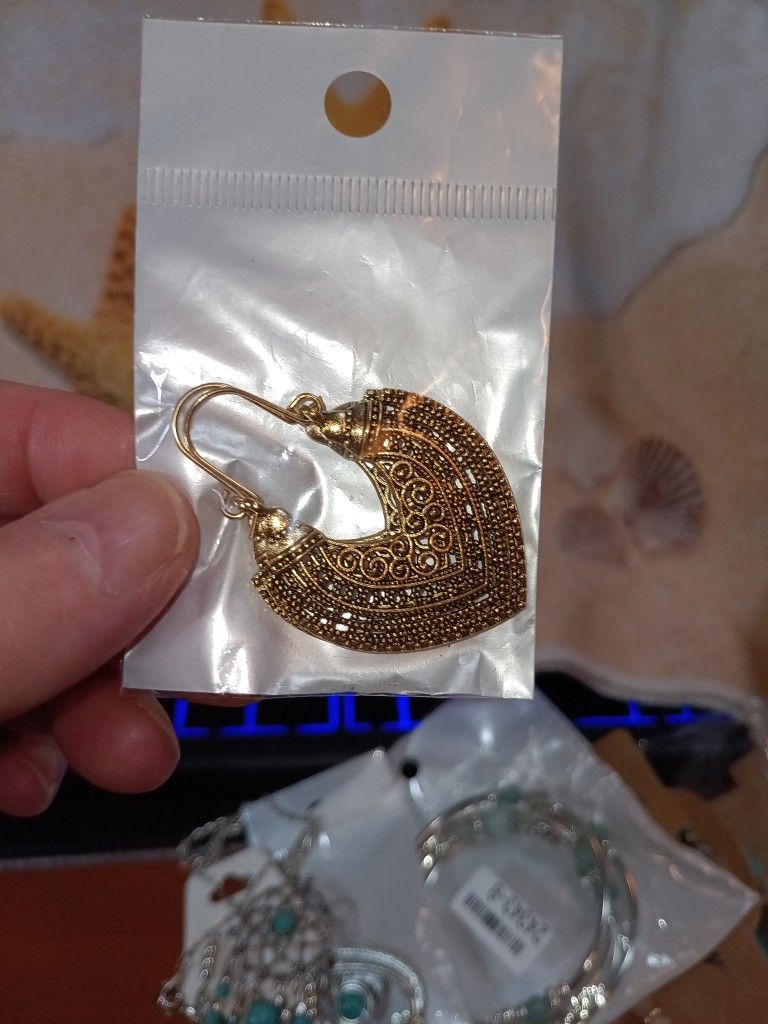 Fish Hook Dangle Earring Gold In Color With A Filagree Look.