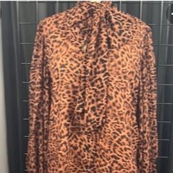 NWT CHICOS LEOPARD PRINT BALOON SLEEVE SELF TIE CHIFFON BLOUSE 
