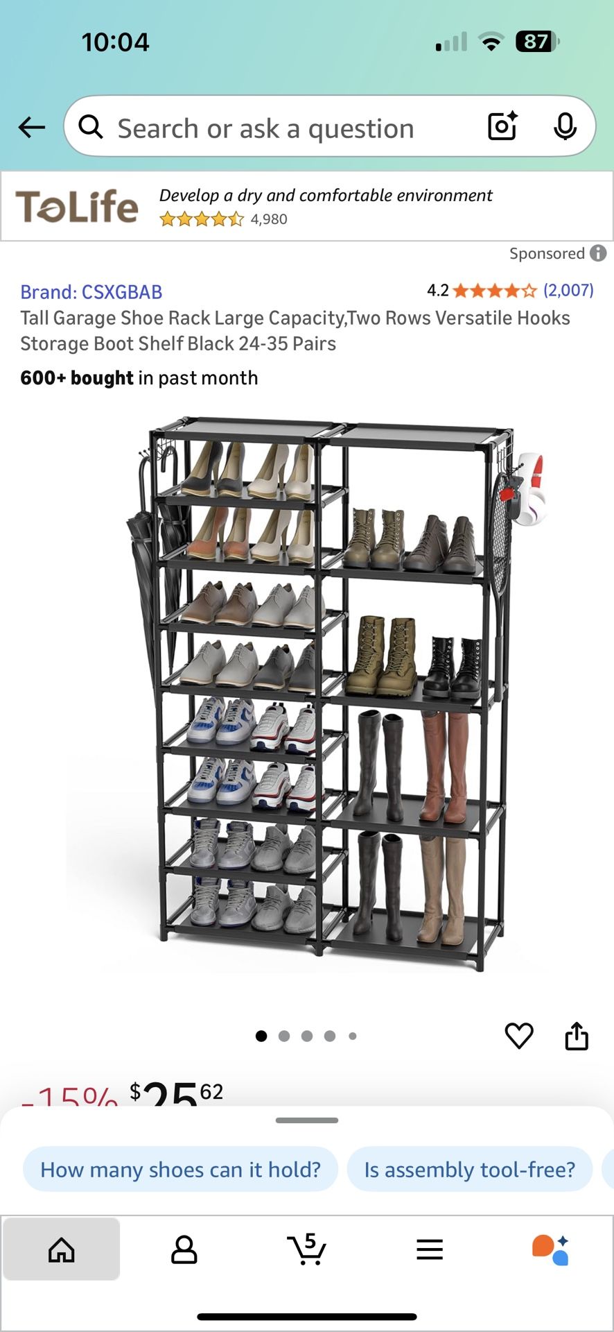 Tall Garage Shoe Rack Large Capacity,Two Rows Versatile Hooks Storage Boot Shelf Black 24-35 Pairs