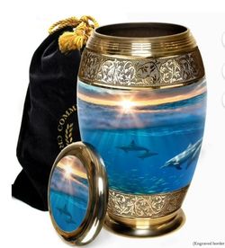 X-large Urn gold trim and dolphins