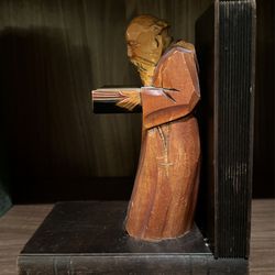 Vintage Pair of Hand-carved Wood Monks or Priests Reading Bookends Thumbnail