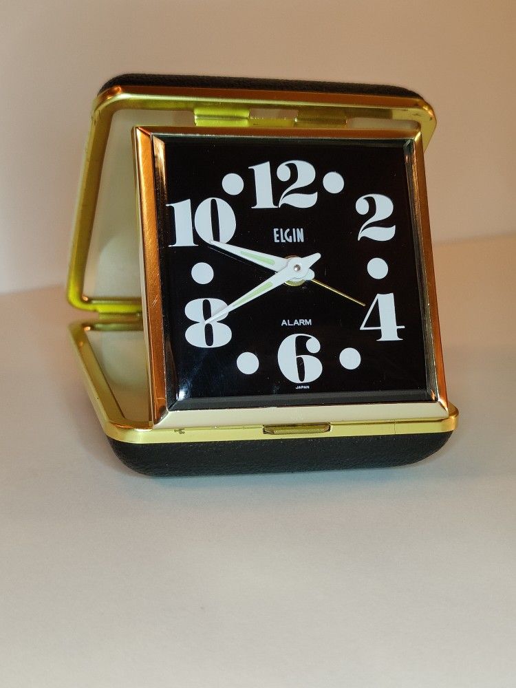 Elgin Vintage Black Travel Clam Case Alarm Japan Perfect Condition!