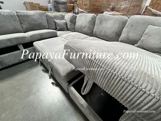 NEW LARGE U Shape Sectional Sofa Storage Chaise Pullout Sleeper Bed Big Warehouse Couch SALE Grey Fabric Ashley Style Discount Furniture Clearance BIG