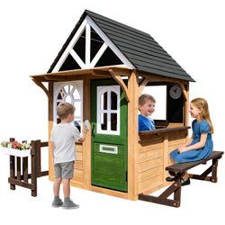 Kids Playhouse Outdoor,Cedar Gray Wooden Play House for Kids Ages 3-8,Interactive Doorbell, Kitchen Counter with Utensils, Sink, Window Boxes for Flow