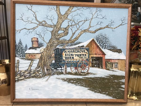 H Hargrove Painting Serigraph On Canvas Sign Barn Painter Since