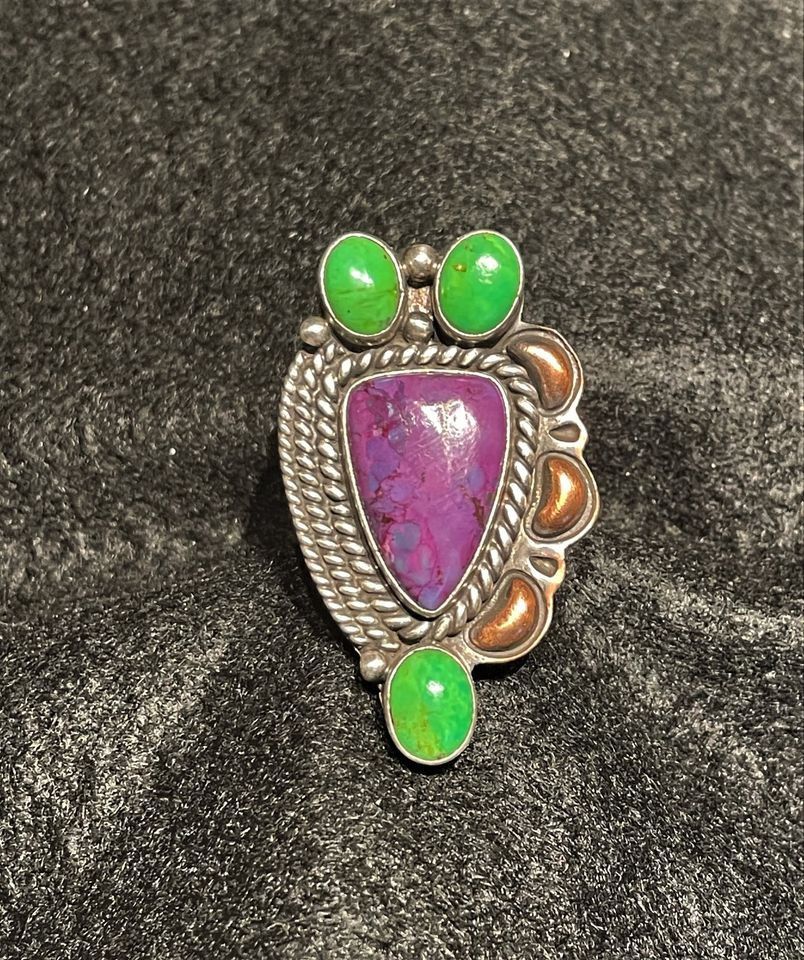 Running Bear Copper Gaspeite Sugilite Sterling Silver .925 American Indian Ring Size 7