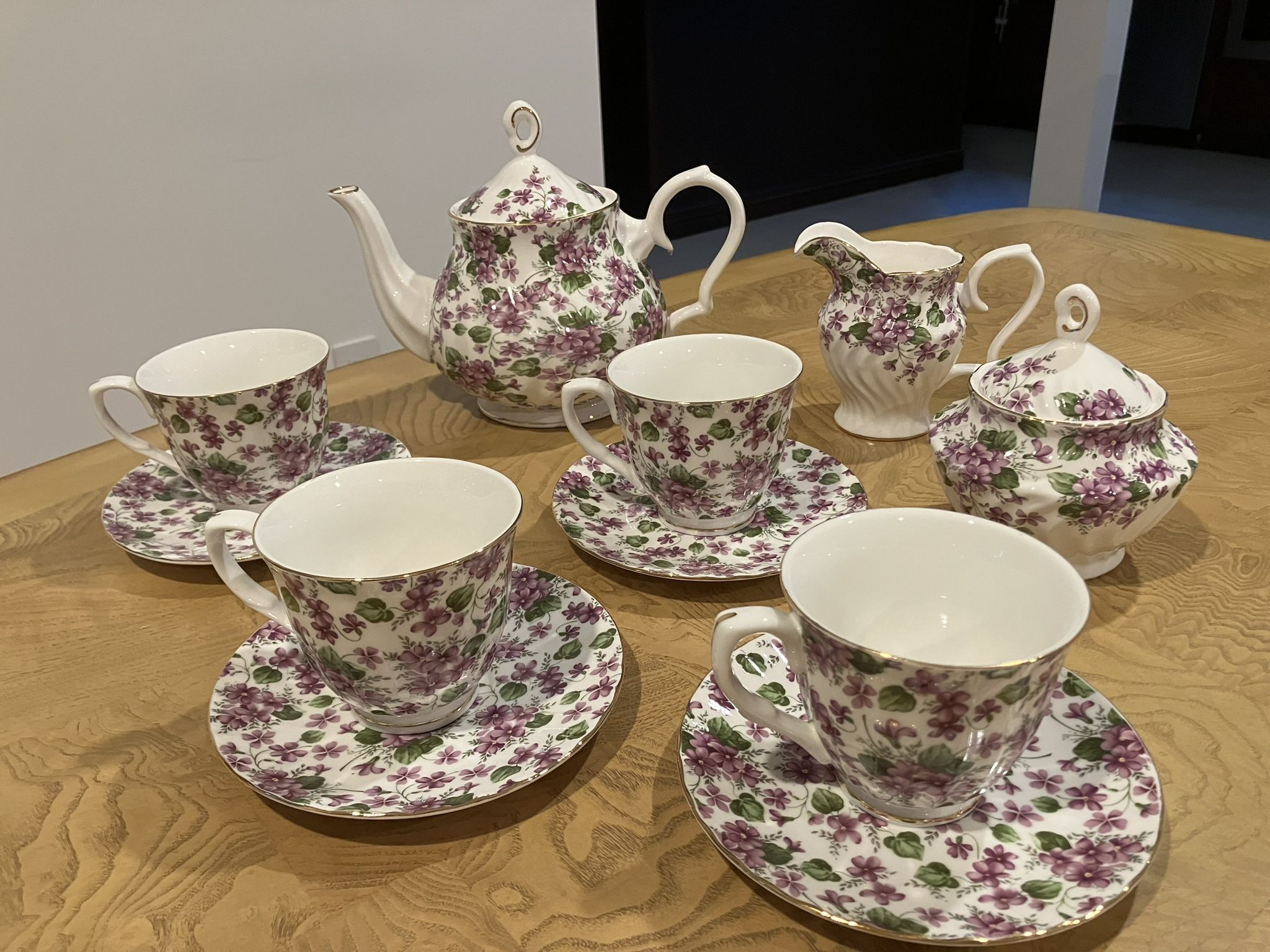 Grace’s China Tea Set- Teapot, Mugs, Saucers, Creamer, Sugar Bowl