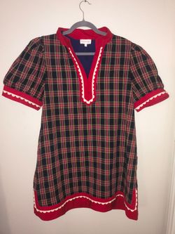 Entro XL Plaid Tunic Top Red Navy Scallop Trim Puff Sleeve Preppy Holiday