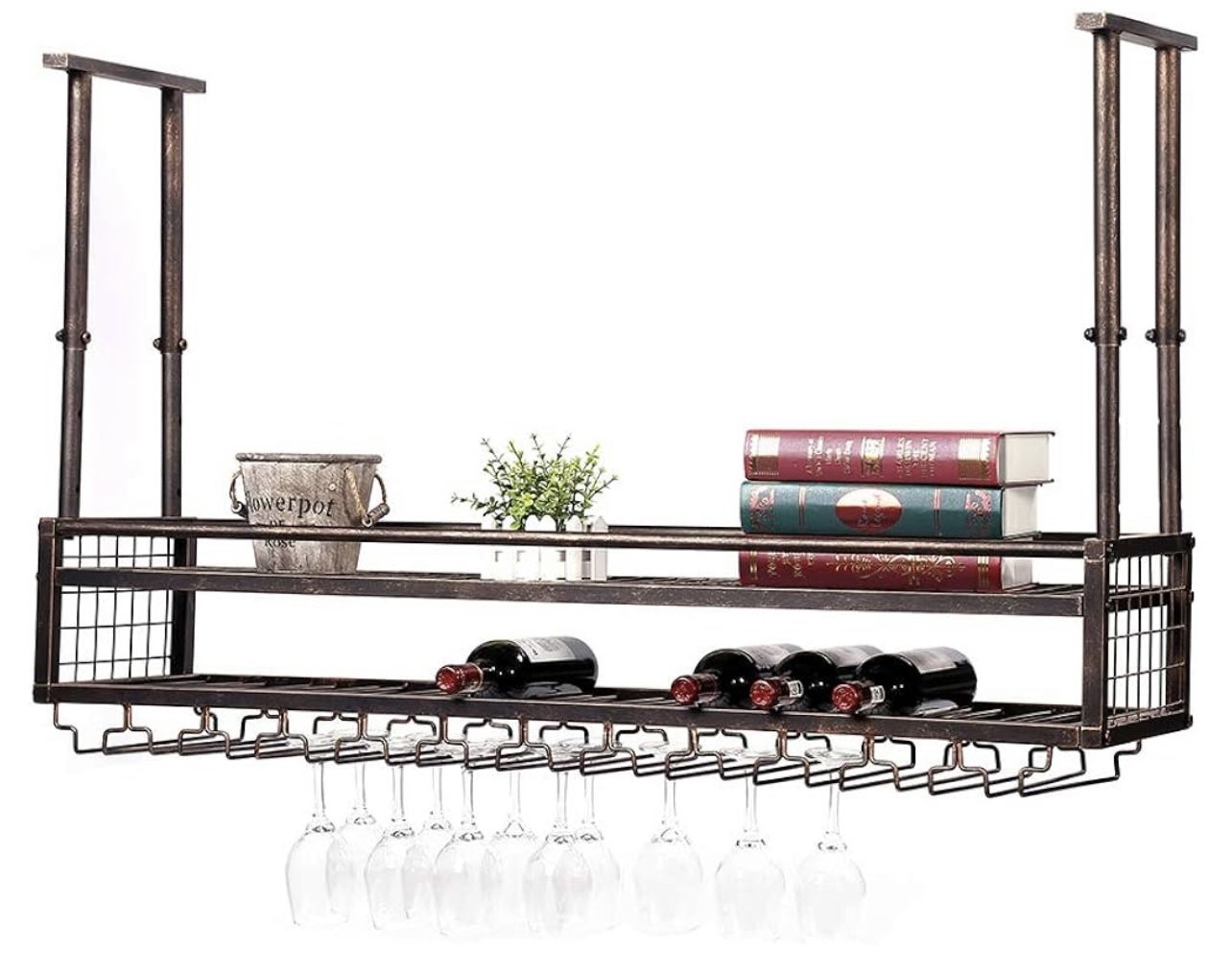 Hanging Wine Rack with Glass Holder and Shelf,Adjustable Metal Ceiling Bar Wine Glass Rack,2-Layer Industrial Wall Mounted Wine and Glass Rack
