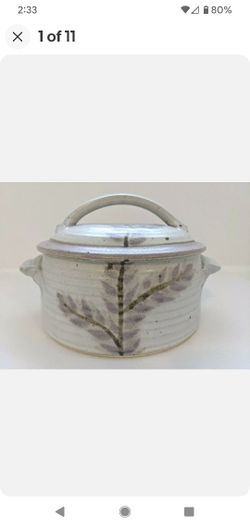 Hand Crafted Ceramic Pottery Serving Bowl Tureen & Lid White Leaf Leaves Motif