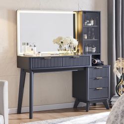 48" Fluted Makeup Vanity Desk with Large 36" Mirror and Lights, Modern Glass Top Big Vanity Table with 5 Drawers & Adjustable Shelf, Dressing Table w/