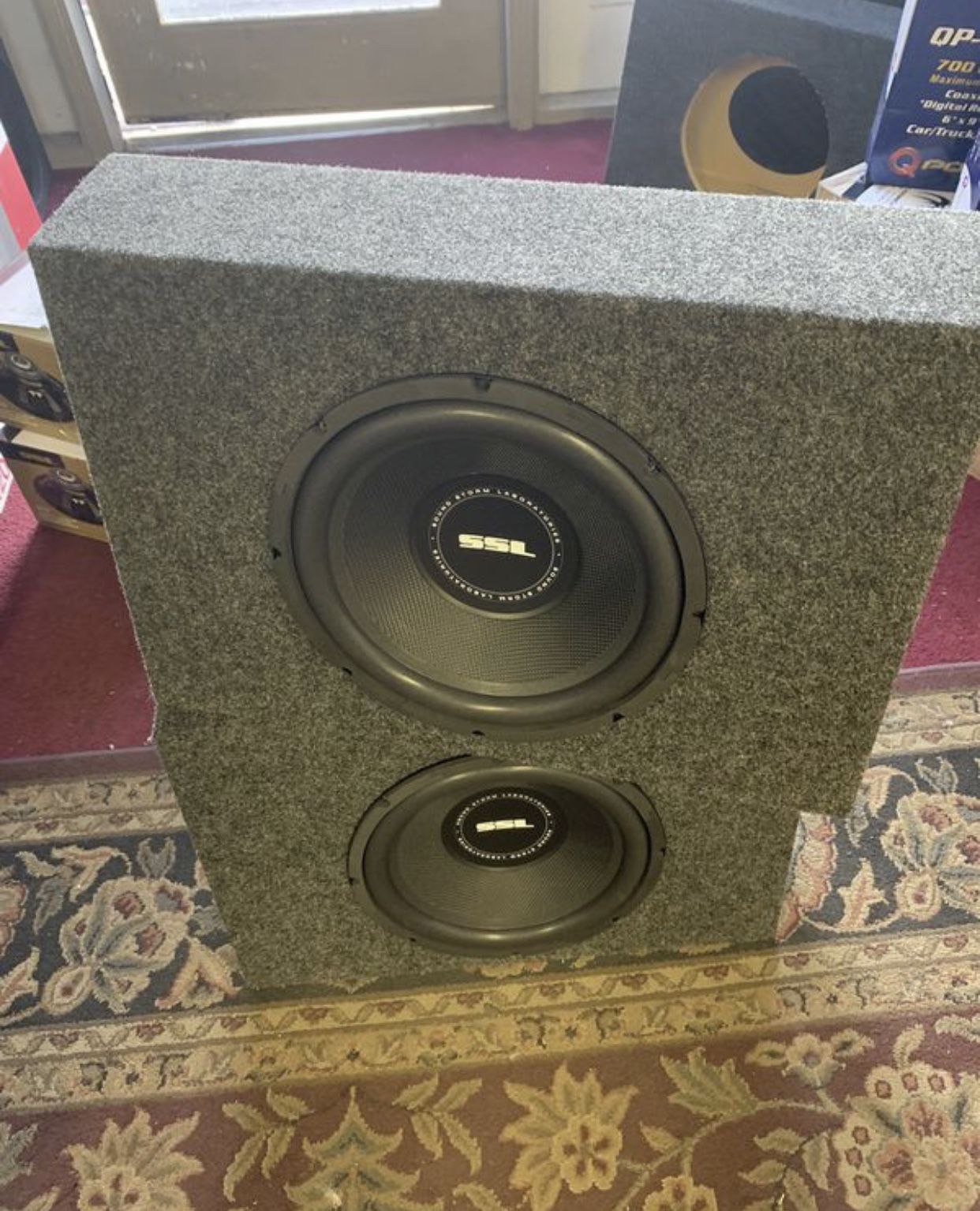 SSL car audio . 12 inch car stereo subwoofer with truck box. 800 watts each . New