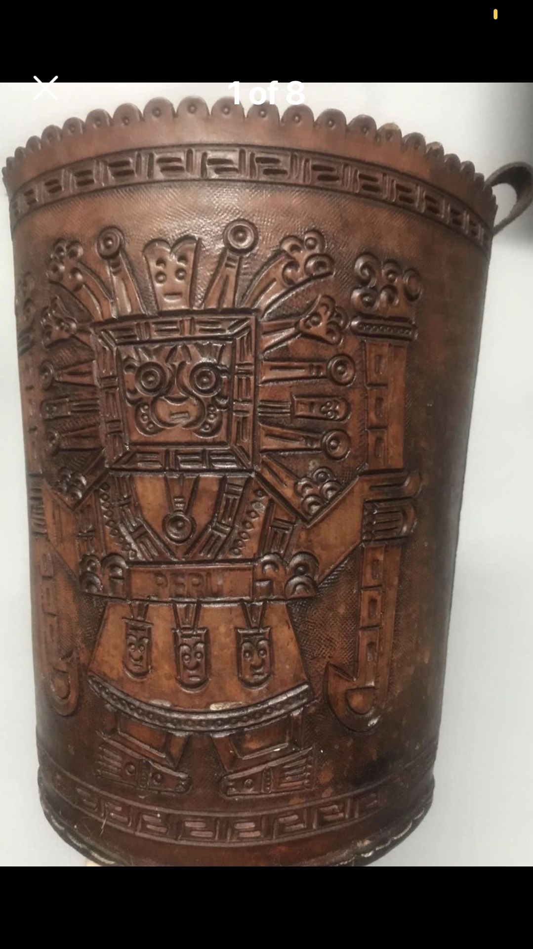 Leather Basket/Storage Container Hand Tooled Inca Leather Basket