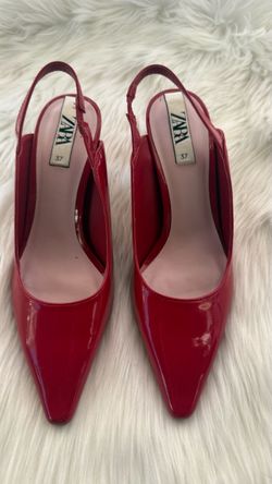 ZARA WOMAN Red Block 2" Heel Sling Back Shoes Patent Faux Leather Sz 37