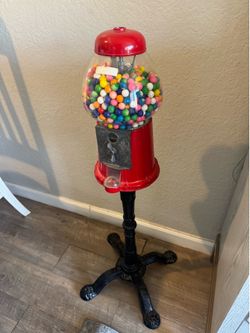 Vintage Carousel 35” Tall Standing Gum Ball Machine Taiwan Red Black Cast Iron