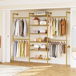 H3 Expandable Wall Mounted Closet System, 5.4FT-8.1FT Closet Organizer with 4 Telescopic Rods & 6 Wire Shelves, Industrial Pipe Clothing Rack for Walk