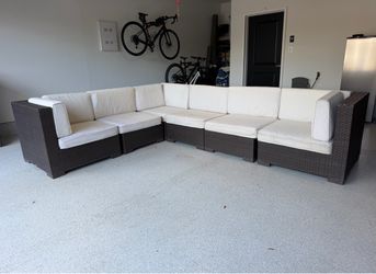 6-Piece Modular Wicker Patio Sectional with Cream Cushions