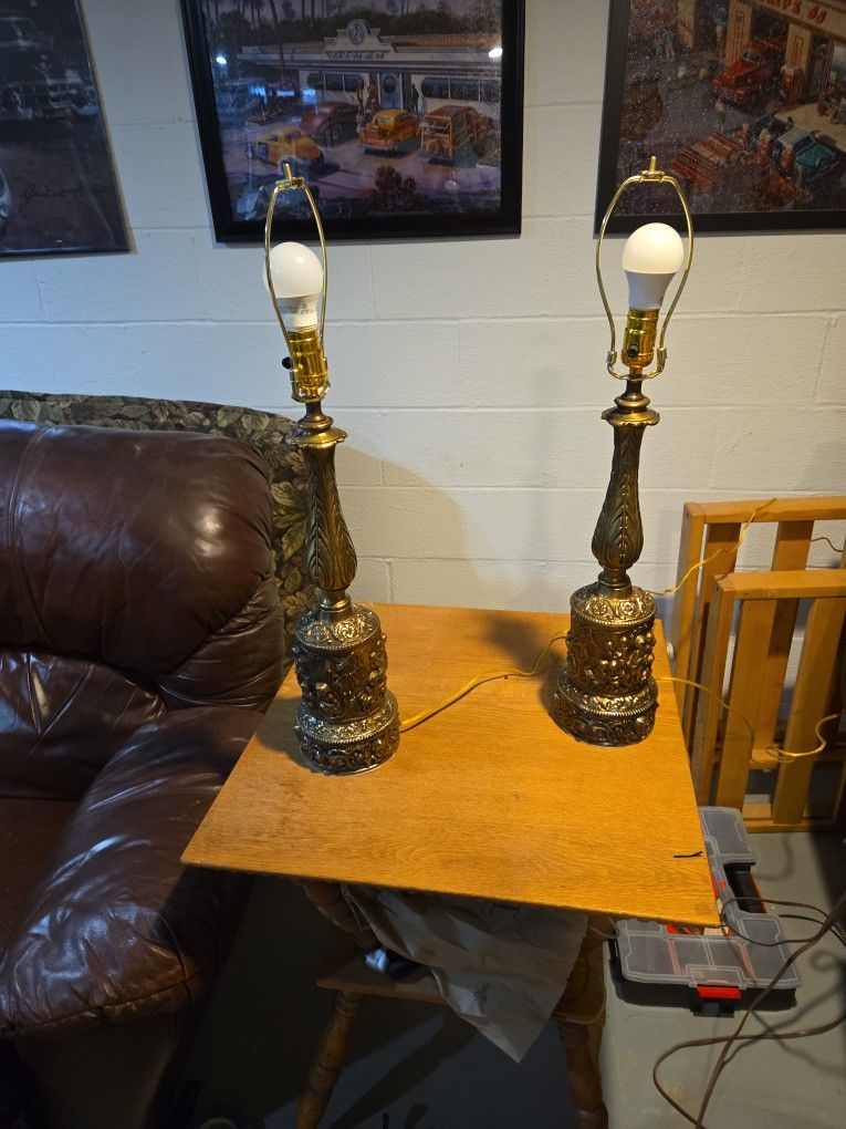 Pair Brass Antique Cherub Table Lamps