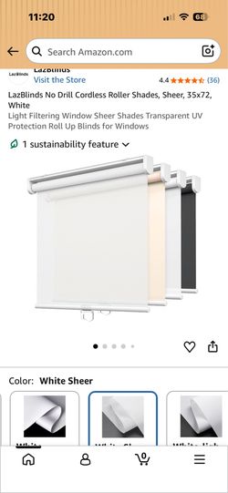Cordless sheer roller shade white 35”w x72” h