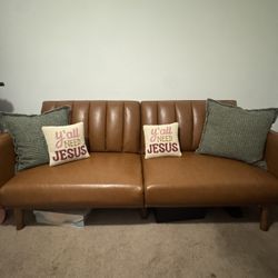 Modern Upholstered Convertible Sofa, Caramel Faux Leather