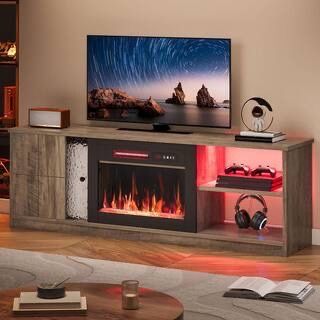 63 in. Gray Black TV Stand with Electric Fireplace Fits TVs up to 75 in. Entertainment Center Cabinet and LED Light