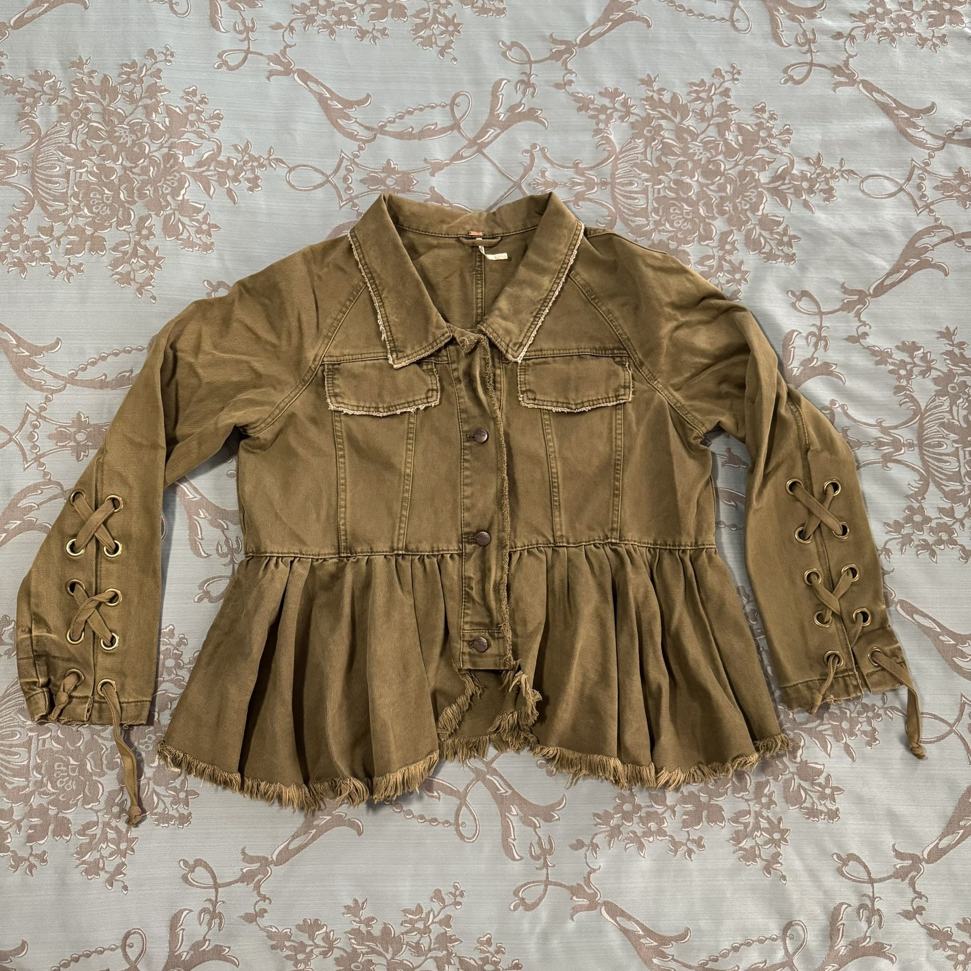 Free People Willow Military Olive Green Denim Jacket Women Size Large