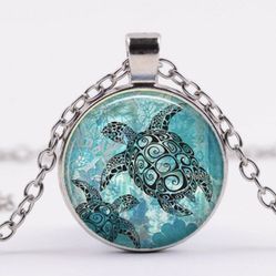 Sea Life Aquamarine Blue Green Sea Turtle Glass Dome Cabachon Necklace Chain Pendant. *See My Other 800 Items *