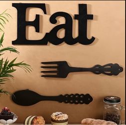Black Wood 'Eat' Sign Fork Spoon Wall Decor Set